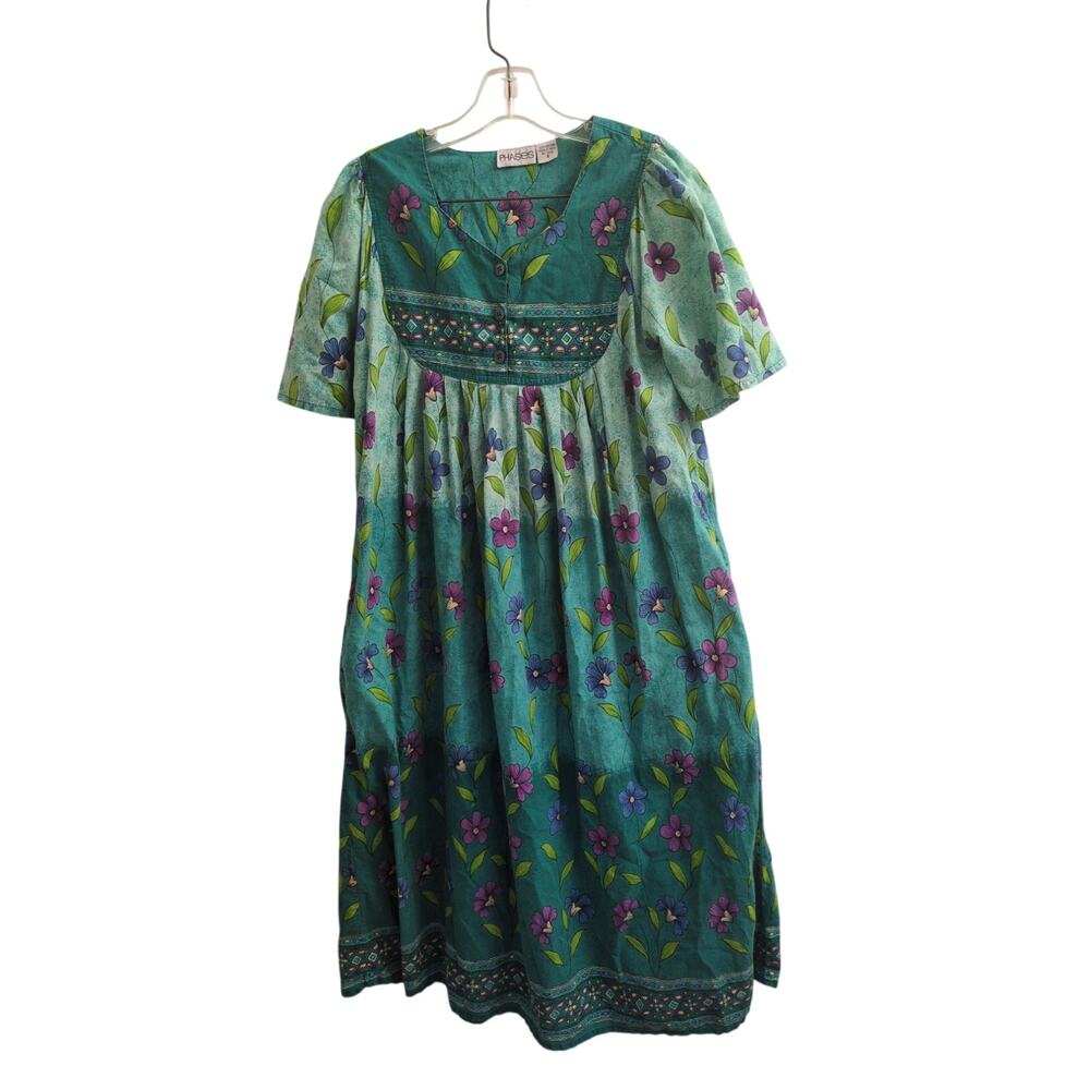 Vintage Phases Cotton Robe, Made in India, Floral Boho Duster House Dress, Sz S